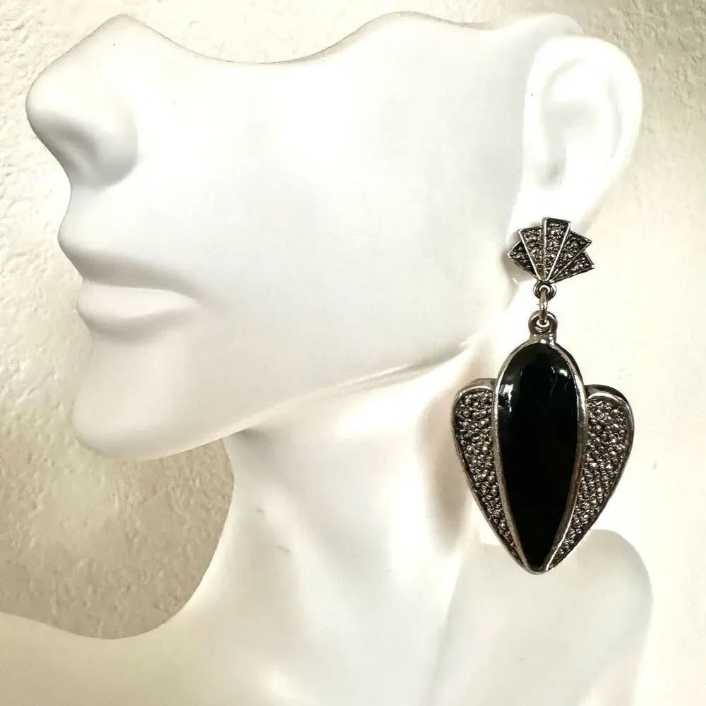 Silver tone and black post drop earrings